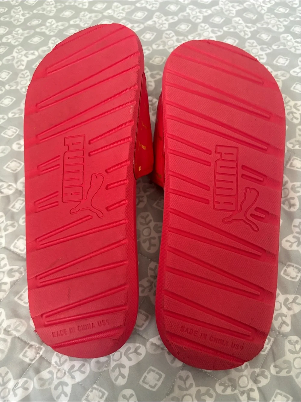 Puma Red Slide Sandals with Gold Mini Cat Logos